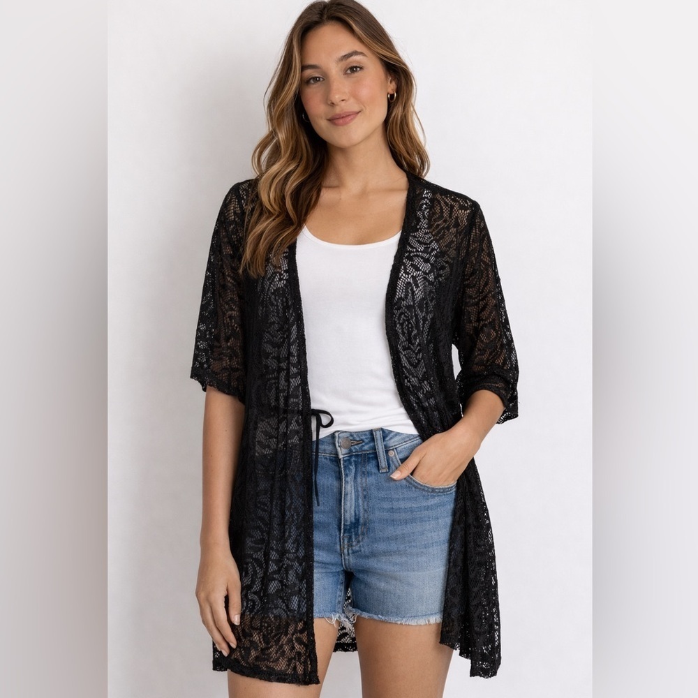 Catalina Kimono Cardigan Lace Swim Cover Up XL Black Mesh Boho Whimsigoth Beach